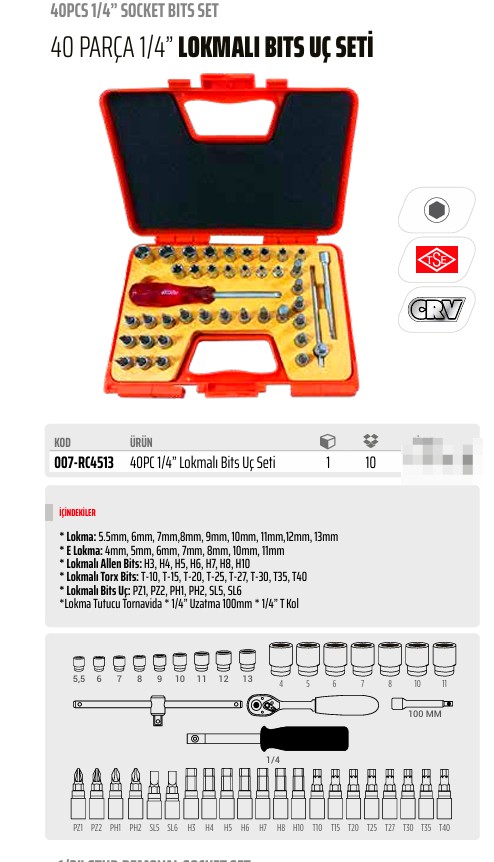 RİCO 40 Parça 1/4 Lokma Takımı Bits Lokmalı 006-RC4513