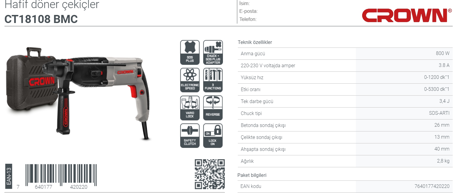 Crown CT18108 BMC 800 W SDS Plus Kırıcı Delici 2.8 KG